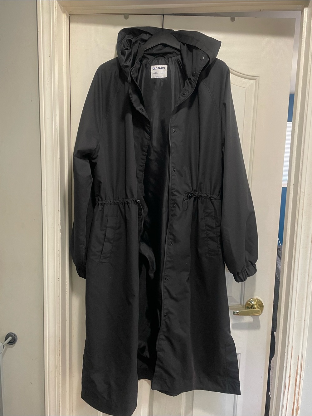 Old Navy Long Hooded Rain Coat – Size L – Black – Water-Resistant – NWOT